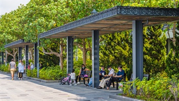 The pavilion decorated with a bamboo canopy provides the visitors with a shelter to sit and relax.